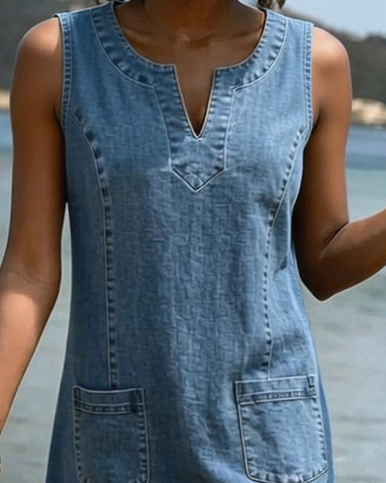 Jurk Denim Petite V-Hals Mouwloos