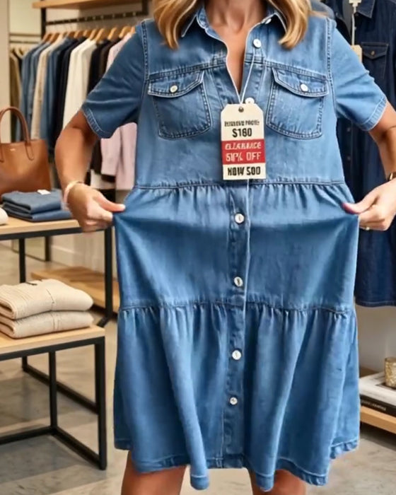 Jurk Denim Ruffle Gelaagd Korte Mouw