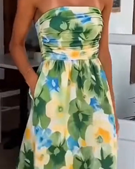 Jurk Bloemen Strapless Taille A-Lijn
