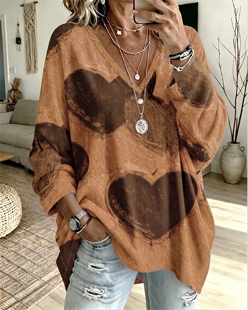 Top Hart Print V-Hals Los
