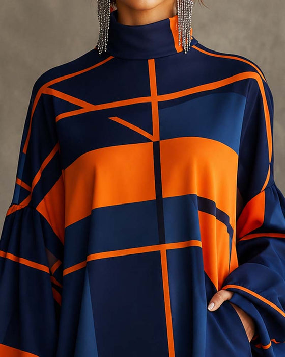 Jurk Contrastkleur Turtleneck Lantarenmouw