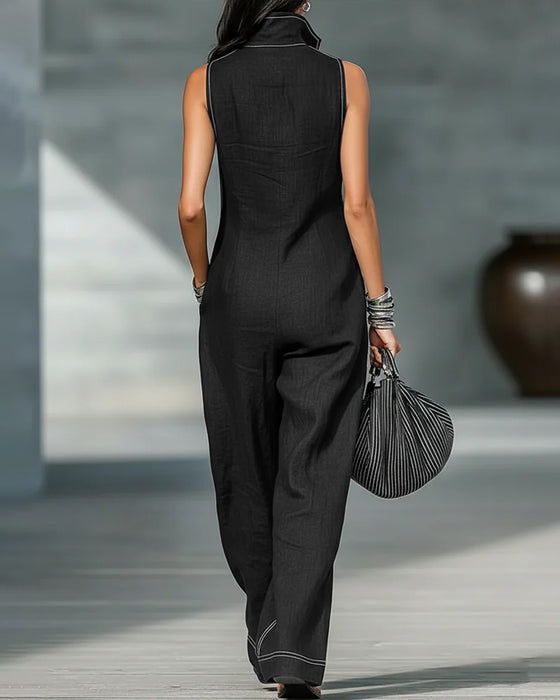 Jumpsuits Mandarin Kraag Mouwloos Zwart En Wit Breed Been