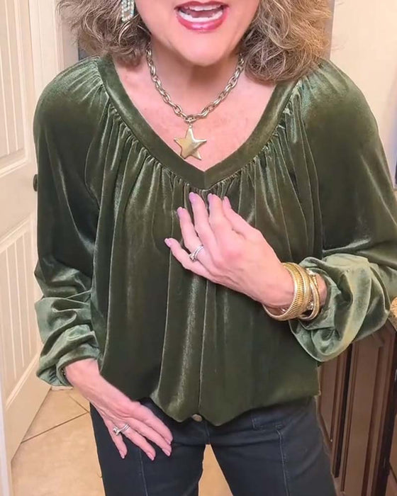 Blouse V-Hals Gerimpeld Uitsnede Lange Mouw
