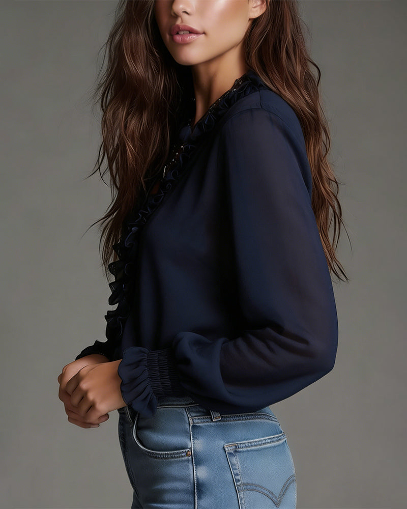 Blouse Halve Rits Kraag Gerimpeld Effen Kleur