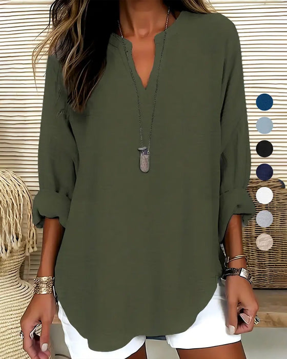 Blouse V-Hals Onregelmatig Effen Langmouw