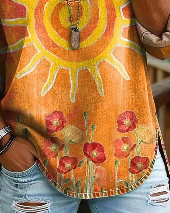 Top Zonnebloem Print V-Hals