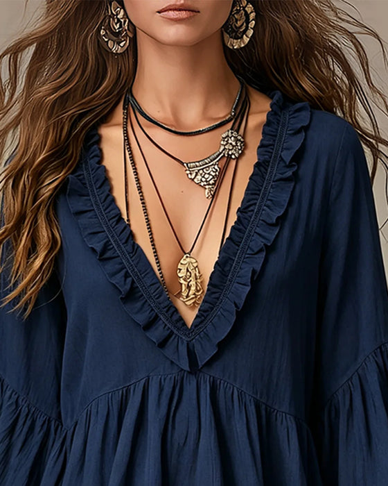 Blouse V-Hals Scallop Ruffle Rand