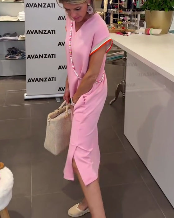 Jurk Lotusbladmouwen V-Hals Casual Splijting