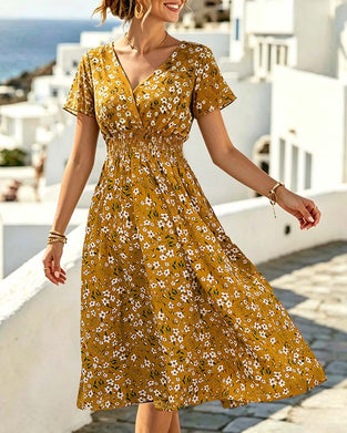 Jurk V-Hals Getailleerde Taille Bloemenprint Midi
