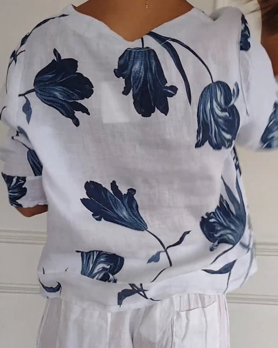 Top met bloemenprint van katoen en linnen