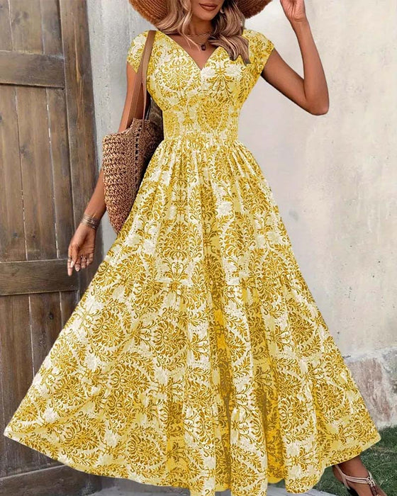 Jurk Retro Print V-Hals Ingesnoerde Taille Lang