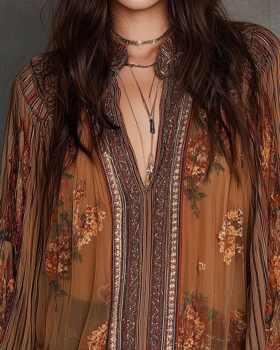 Blouse V-Hals Boho-Stijl Bloemig