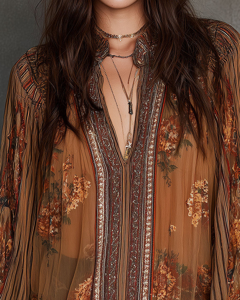 Blouse V-Hals Boho-Stijl Bloemig