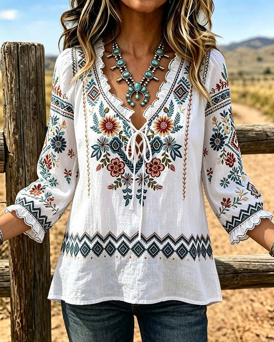 Blouse V-Hals Bohemien Ruffle