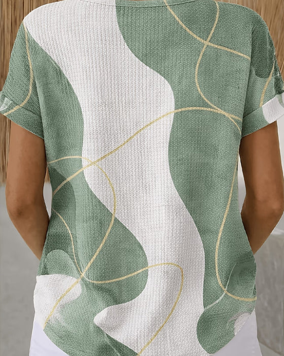 Blouse Met Ronde Hals, Knoppen, Contrastkleurige Lijnen