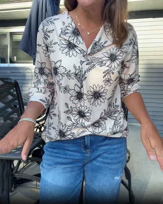 Blouse Inkt Was Bloemen Driekwart Knoopsgat