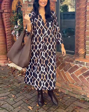 Retro geometrische print V-hals casual jurk
