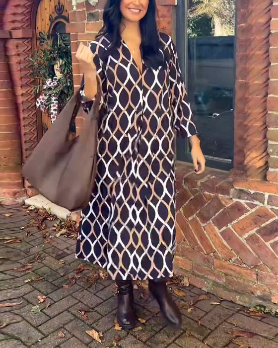 Retro geometrische print V-hals casual jurk