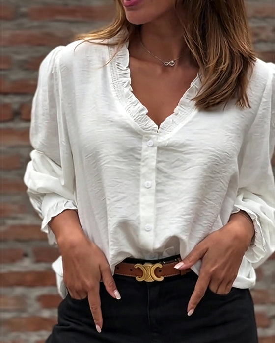 Blouse V-Hals Knoop Voor Ruffle Pofmouw