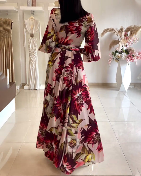 Jurk met revers, driekwartmouwen en bloemenprint