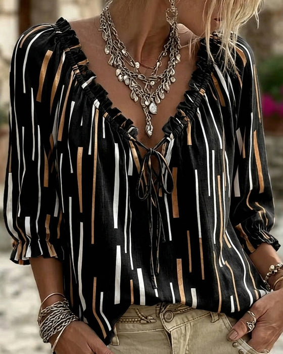 Blouse V-Hals Ruffle Trim Streep