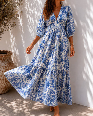 Jurken Blauw Porselein Print Taille Gesnoerd