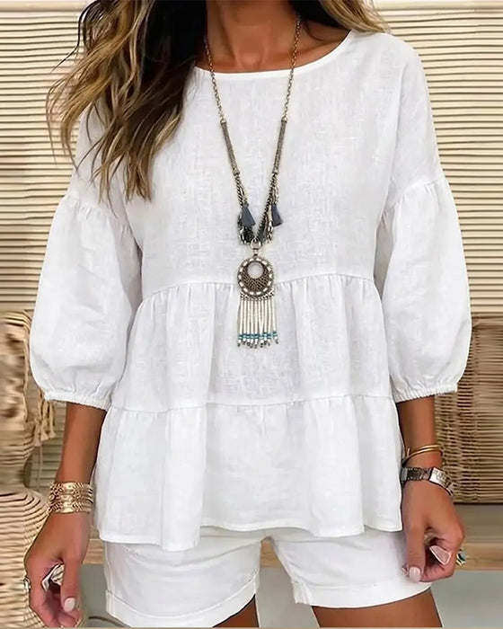 Blouse Ronde Hals Baby Doll Lantaarn Middel Mouw