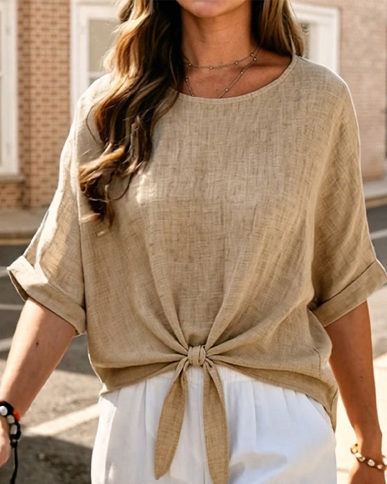 Blouse Ronde Hals Strik Korte Mouw