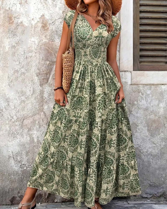 Jurk Retro Print V-Hals Ingesnoerde Taille Lang