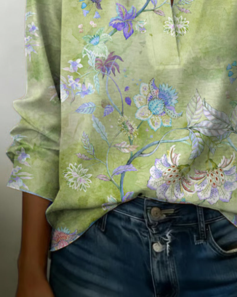 Blouse Opstaande Kraag Lange Mouw Bloemen