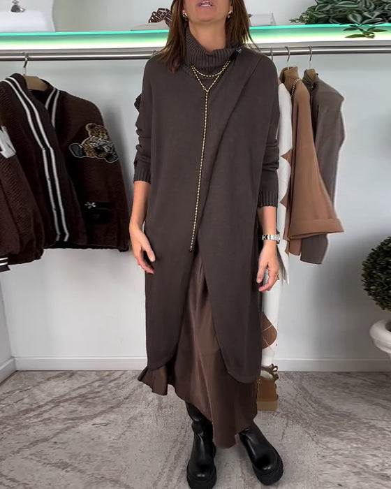 Mode effen kleur pullover met hoge kraag en split