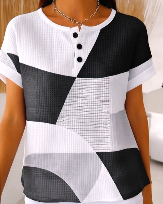 Blouse Rondhals Knoop Kleurblok Wafel