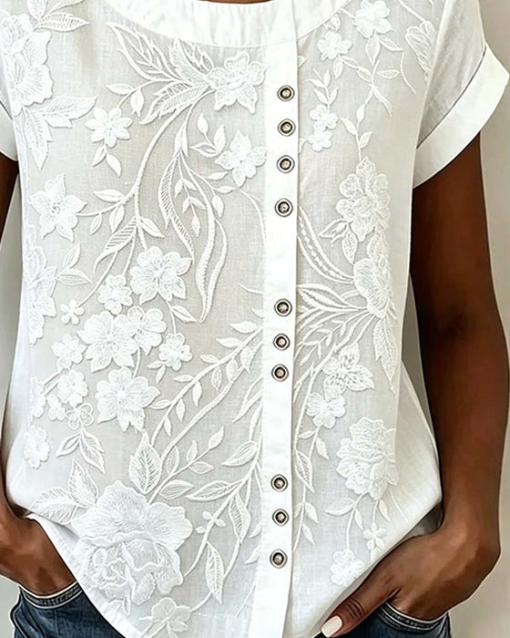 Blouse Bloemen Knoop Ronde Hals Korte Mouw