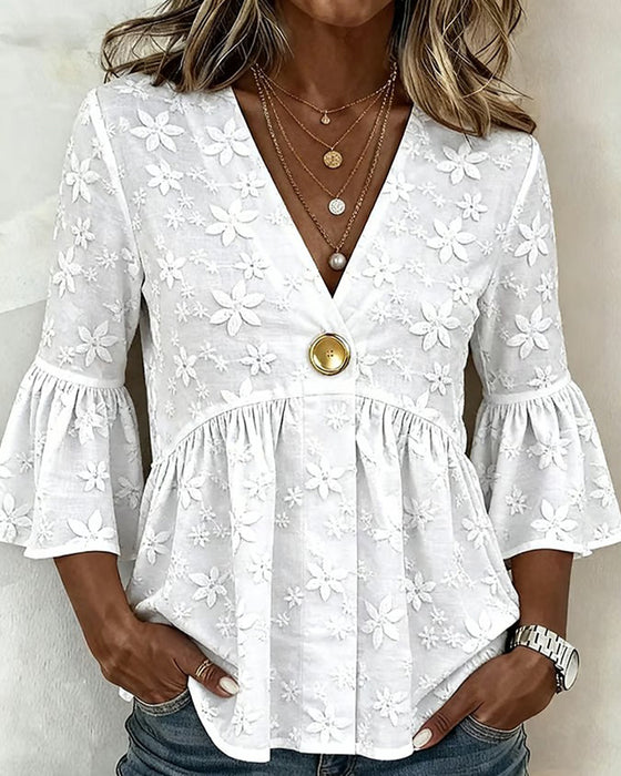Blouse V-Hals Uitlopende Mouw Gecincede Taille