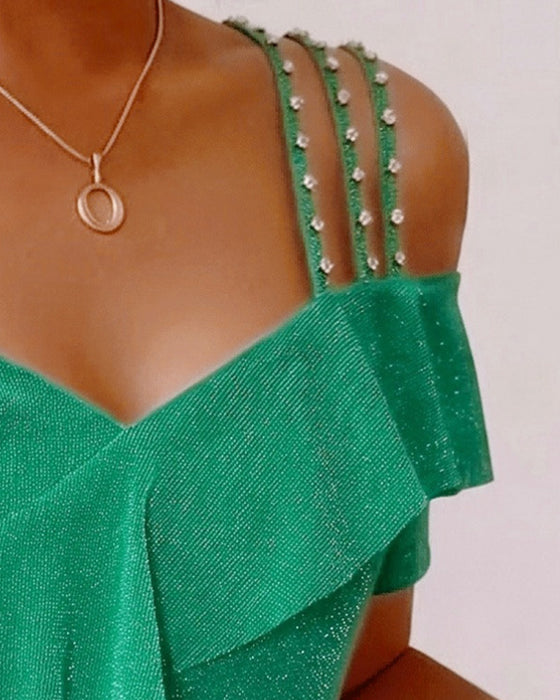 T-Shirt Diamantenbandjes Gerimpeld Off-Shoulder V-Hals