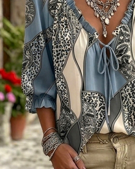 Blouse V-Hals Luipaard Pofmouw Strik