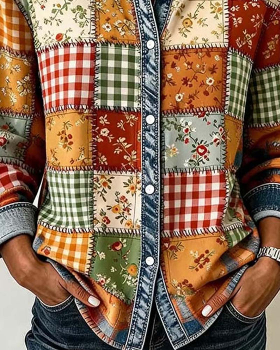 Top Kraag Ruit Denim Patchwork