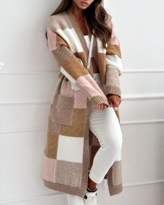 Casual contrast geruite losse cardigan met zak
