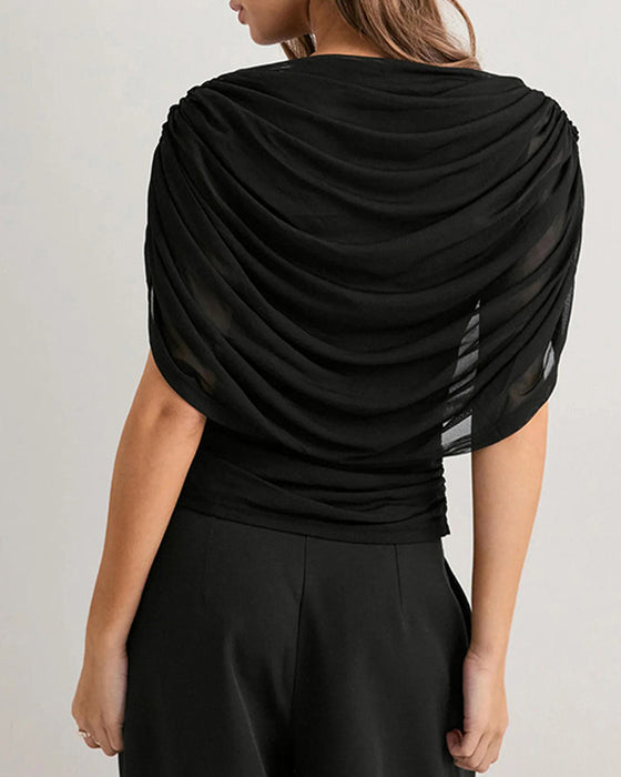 Blouse Mesh Sjaal Hals Gedrapeerd Slim Fit