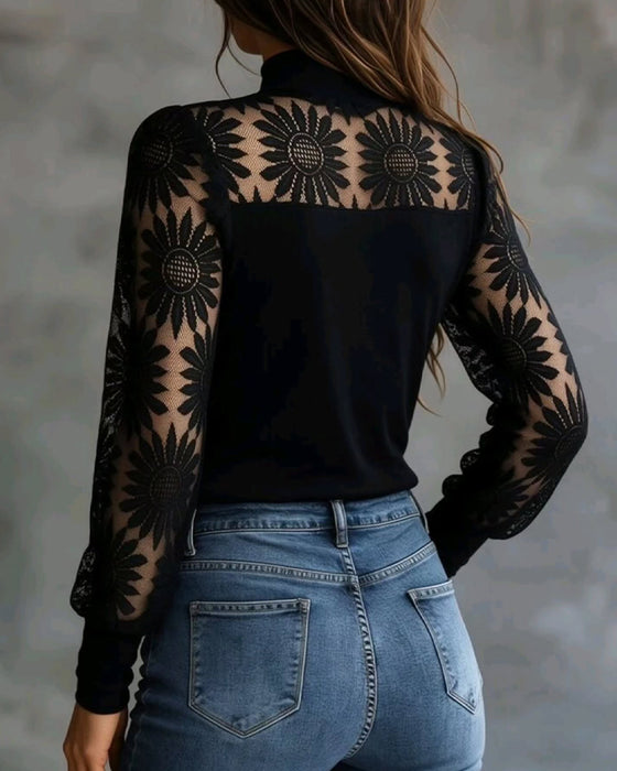 Top Zonnebloem Kant Paneel Turtleneck