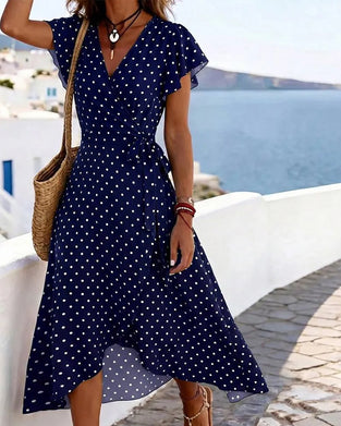 Jurk V-Hals Stipje Ruffle Taille