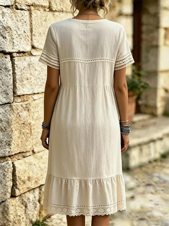 Jurk Kant Ruffle Rond-Hals Korte-Mouw