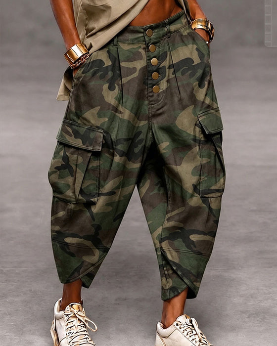 Broek Camouflage Multi-Knoop Hoge Taille Mode