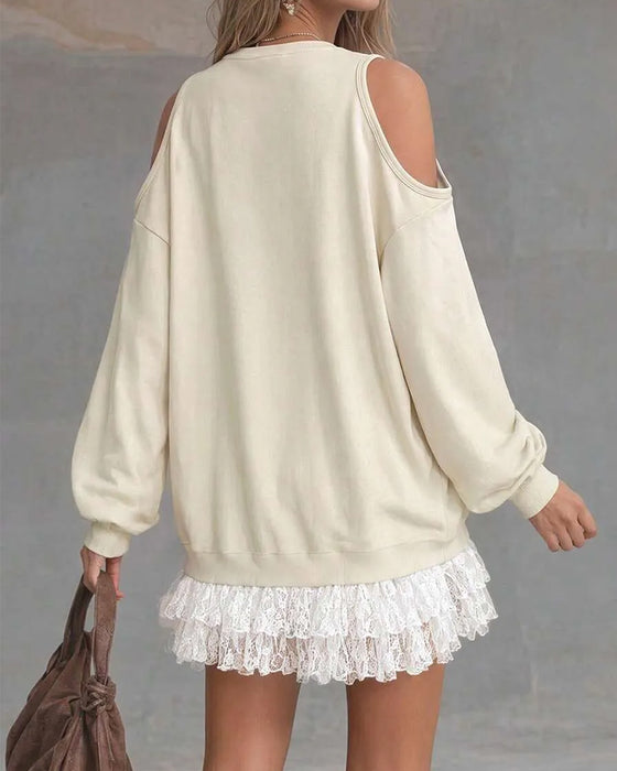 Jurk Cold Shoulder Lantarenmouw Kant Patchwork