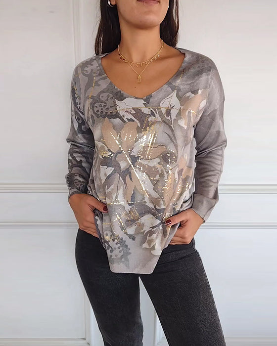 Vintage top met V-hals en lange mouwen met bloemenprint