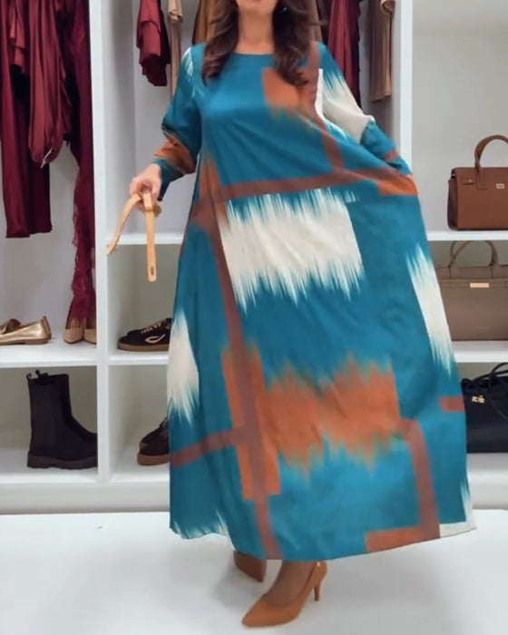 Modieuze Gedrukte Jurk Met Ronde Hals En Lange Mouwen