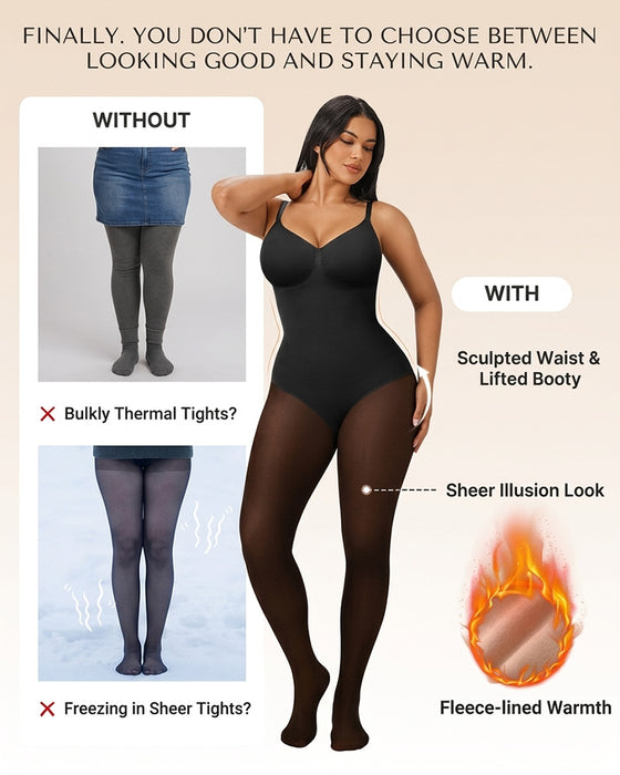 Transparant Paneel Met Fleecegevoerde Panty Stay-Warm Buikcontrole Sheer-Effect Panty Bodysuit Zwart Basic