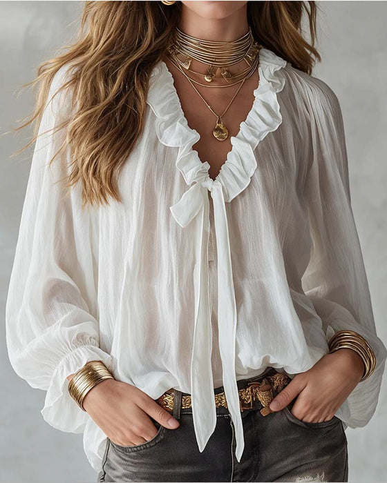 Blouse V-Hals Veters Ruches Lange Mouw