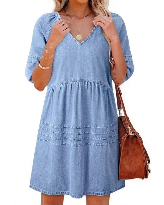 Jurken Denim V-Hals Puff Mouw