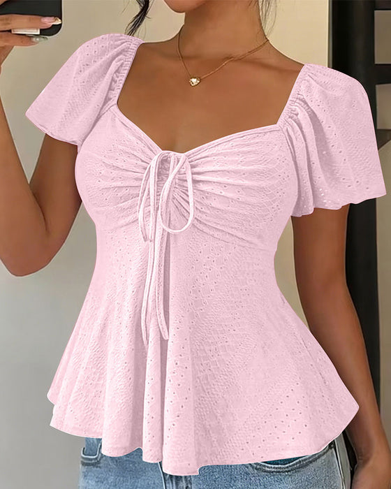 Blouse Doorgebroken Trekkoord Korte Mouw Effen